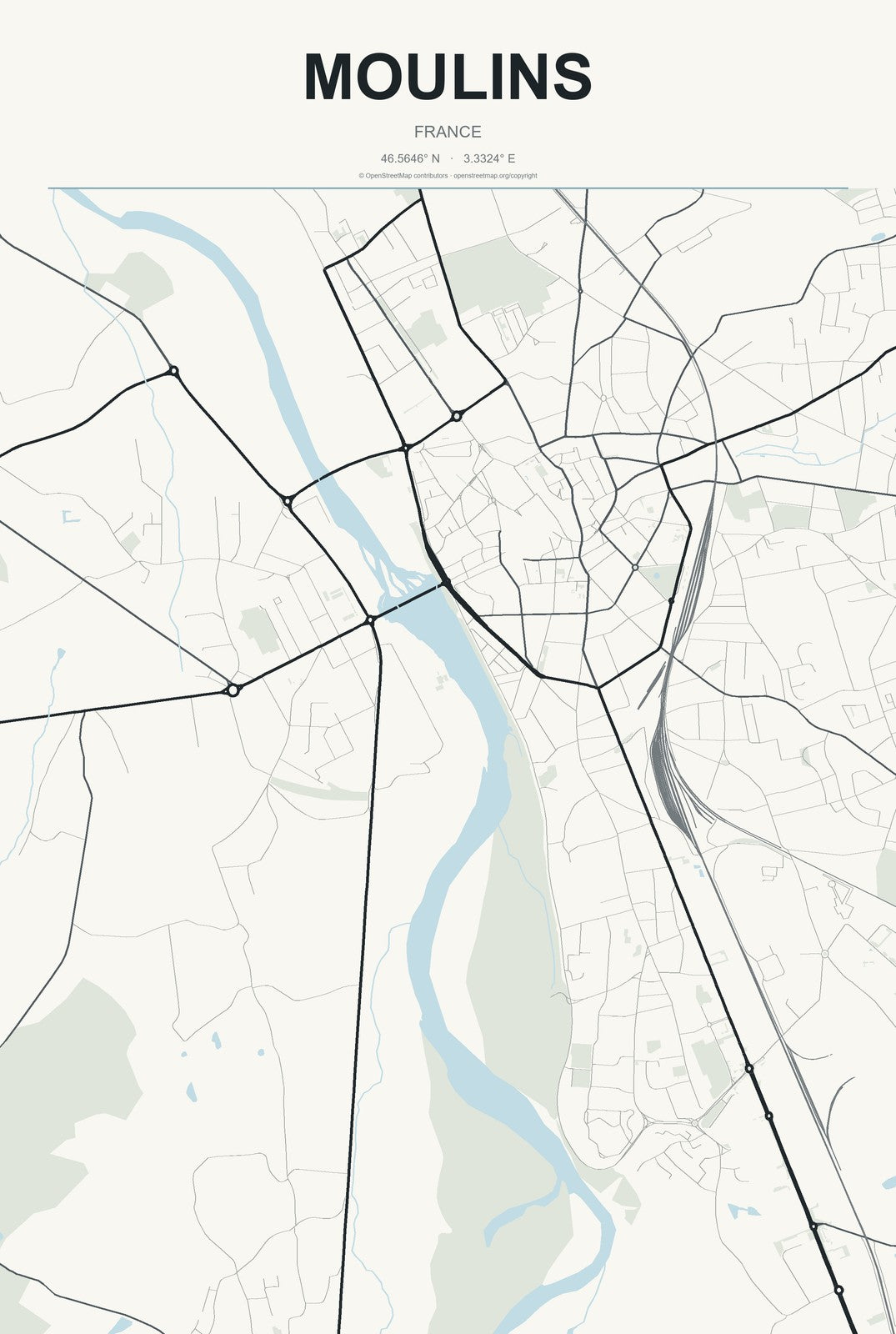 Moulins, France City Map Aluminum Sign in Headline Atlas style