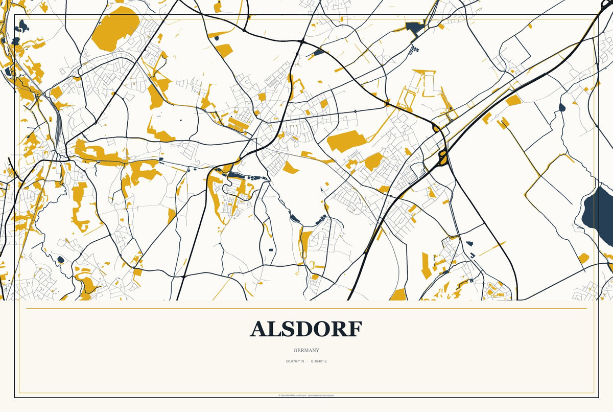 Alsdorf, Germany City Map Aluminum Sign in Citrine Modern style