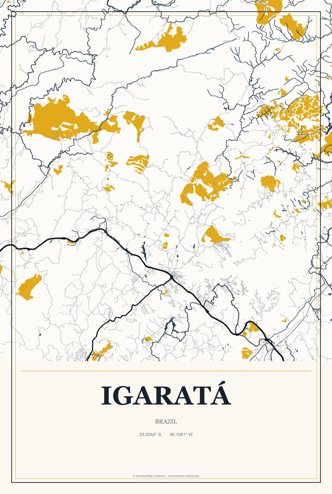 Igaratá, Brazil City Map Aluminum Sign in Citrine Modern style
