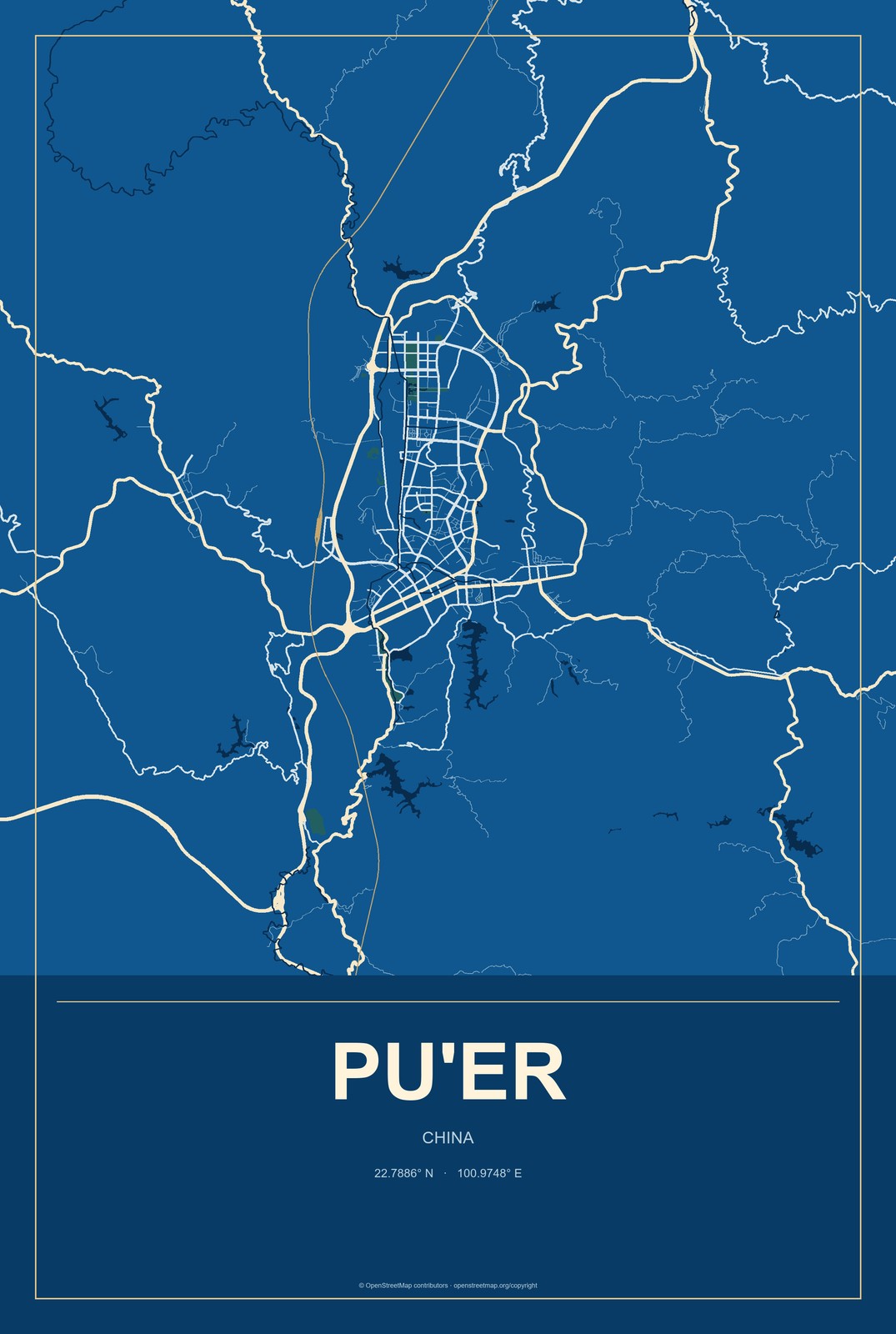 Pu'er, China City Map Aluminum Sign in Harbor Cobalt style