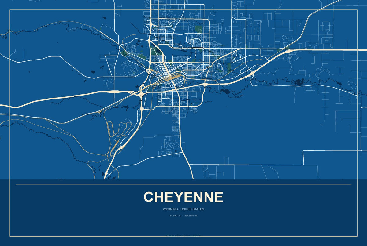 Cheyenne, Wyoming City Map Aluminum Sign in Harbor Cobalt style