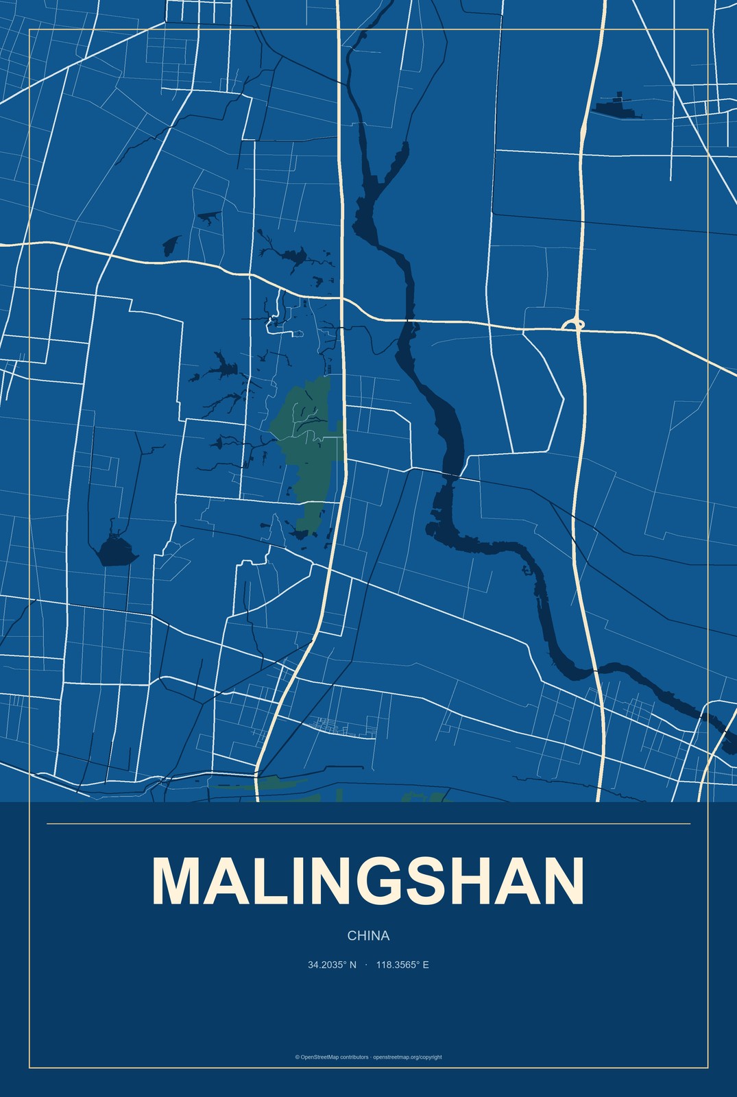Malingshan, China City Map Aluminum Sign in Harbor Cobalt style