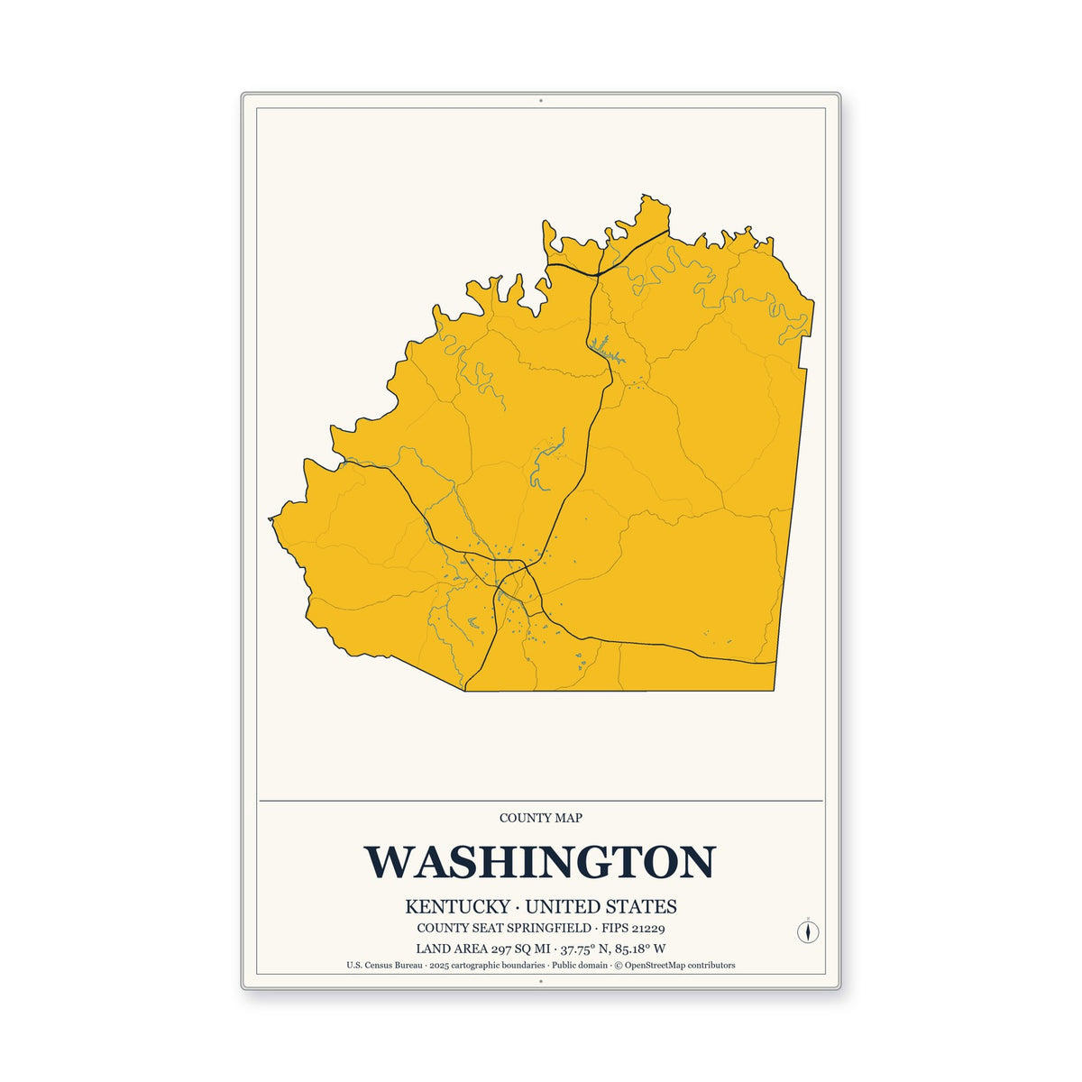 Washington County, Kentucky Map Aluminum Sign in Citrine Modern style