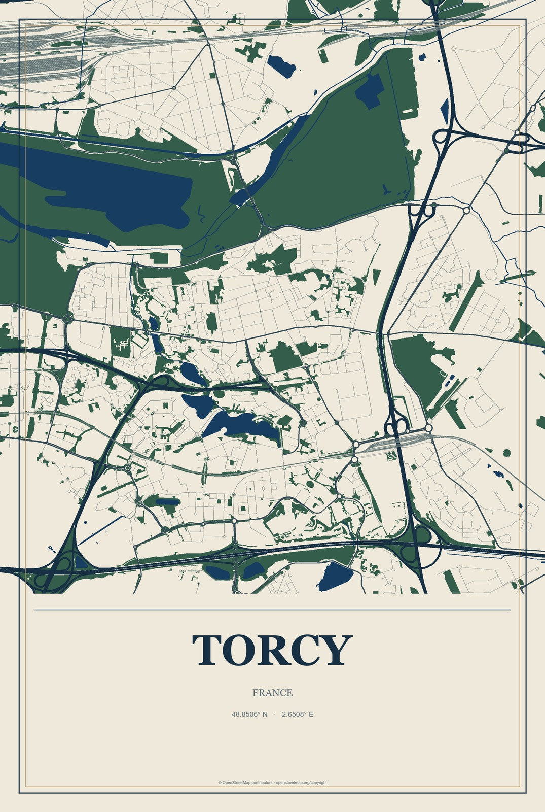 Torcy, France City Map Aluminum Sign in Coastal Cutout style