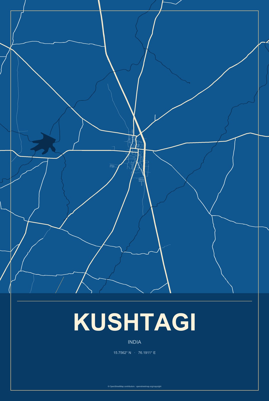 Kushtagi, India City Map Aluminum Sign in Harbor Cobalt style