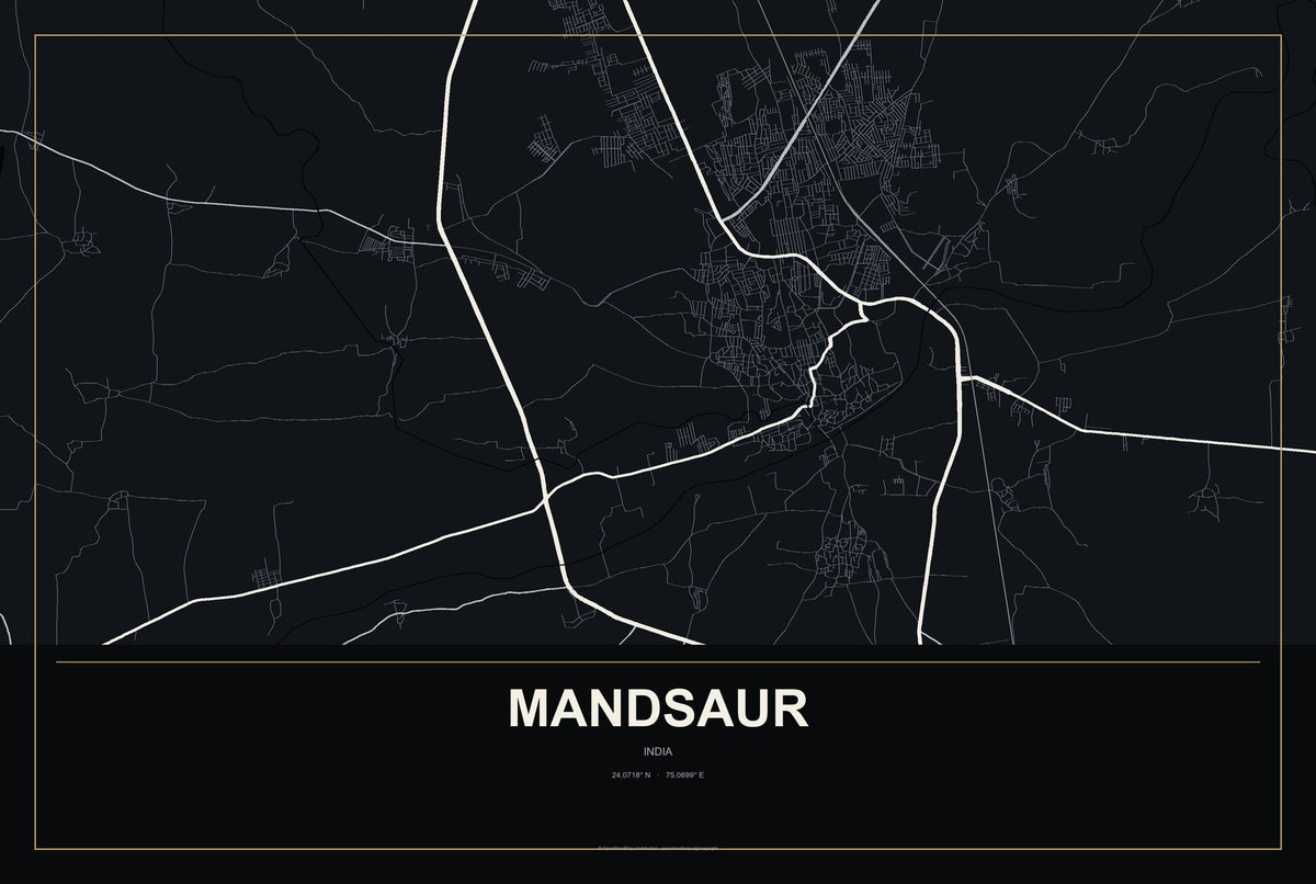 Mandsaur, India City Map Aluminum Sign in Metropolitan Noir style