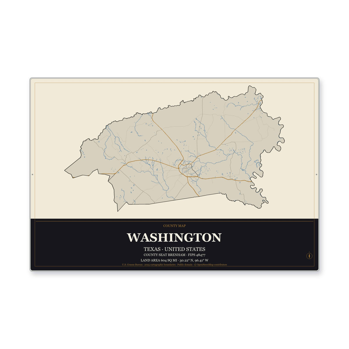 Washington County, Texas Map Aluminum Sign in Museum Plaque style