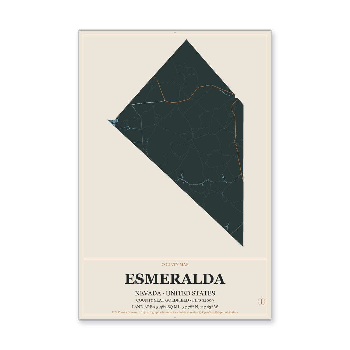 Esmeralda County, Nevada Map Aluminum Sign in Headline Atlas style