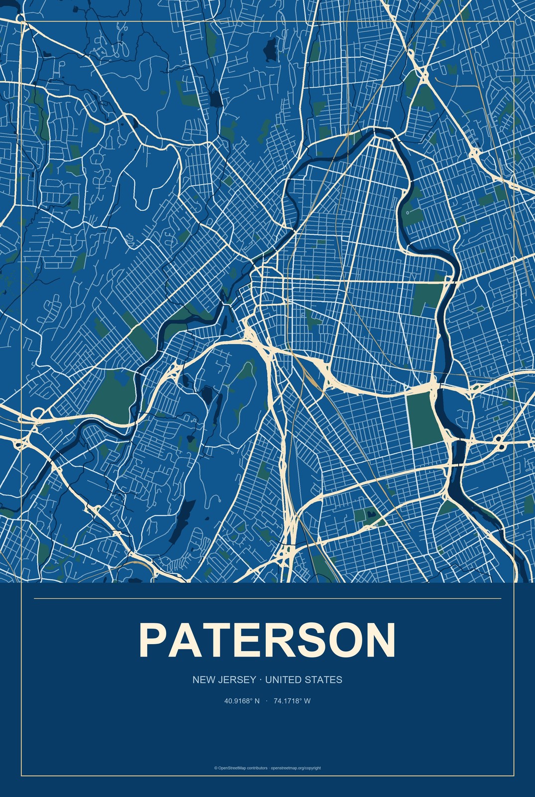 Paterson, New Jersey City Map Aluminum Sign in Harbor Cobalt style