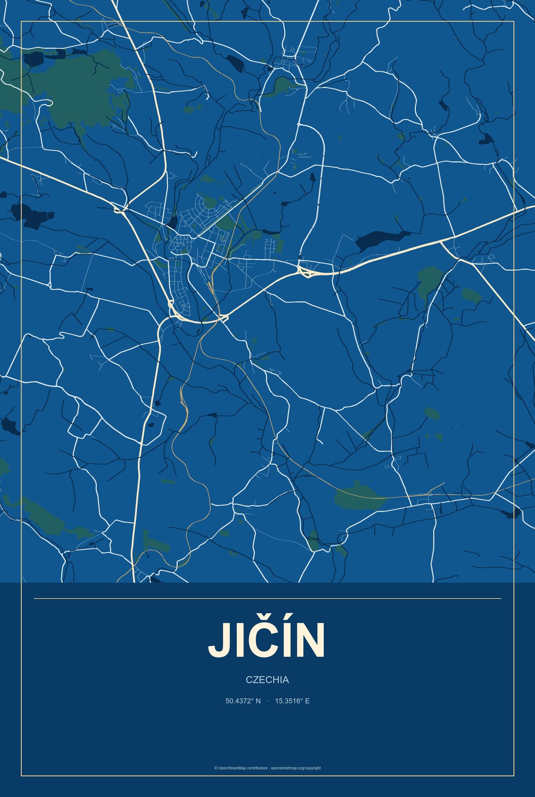 Jičín, Czechia City Map Aluminum Sign in Harbor Cobalt style