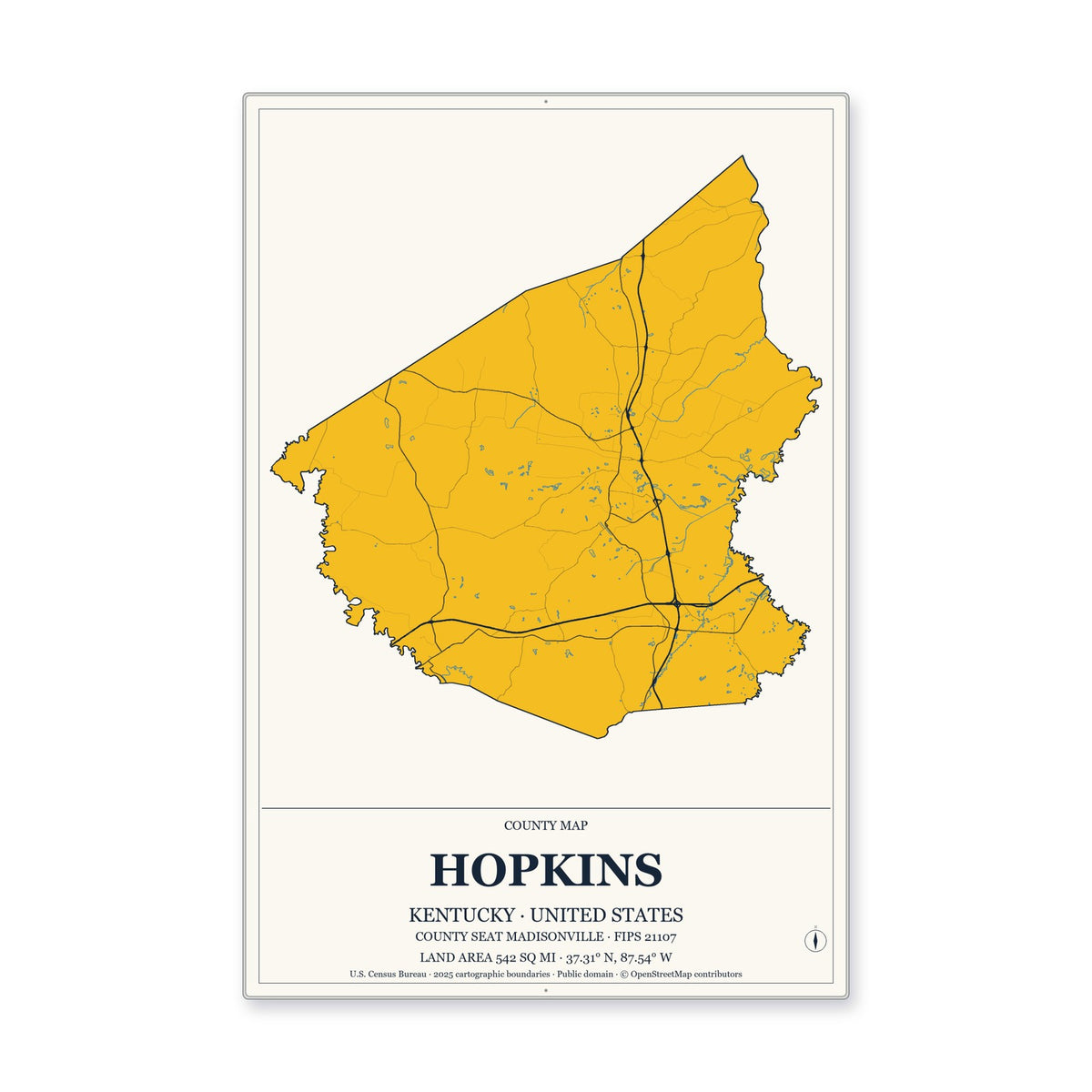 Hopkins County, Kentucky Map Aluminum Sign in Citrine Modern style