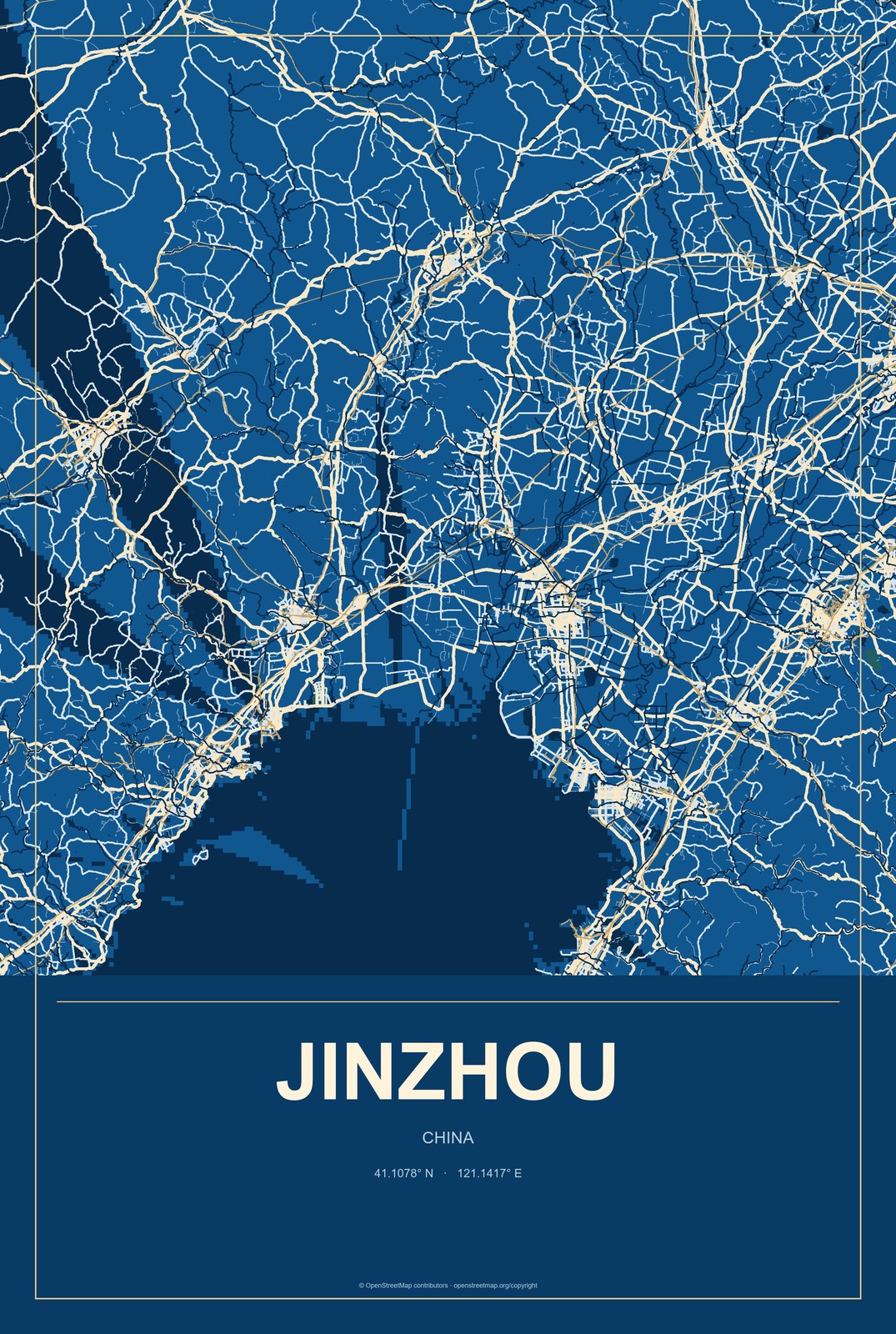 Jinzhou, China City Map Aluminum Sign in Harbor Cobalt style