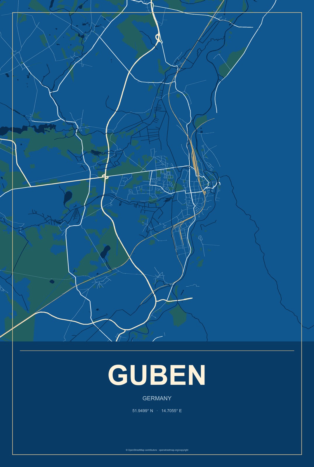 Guben, Germany City Map Aluminum Sign in Harbor Cobalt style