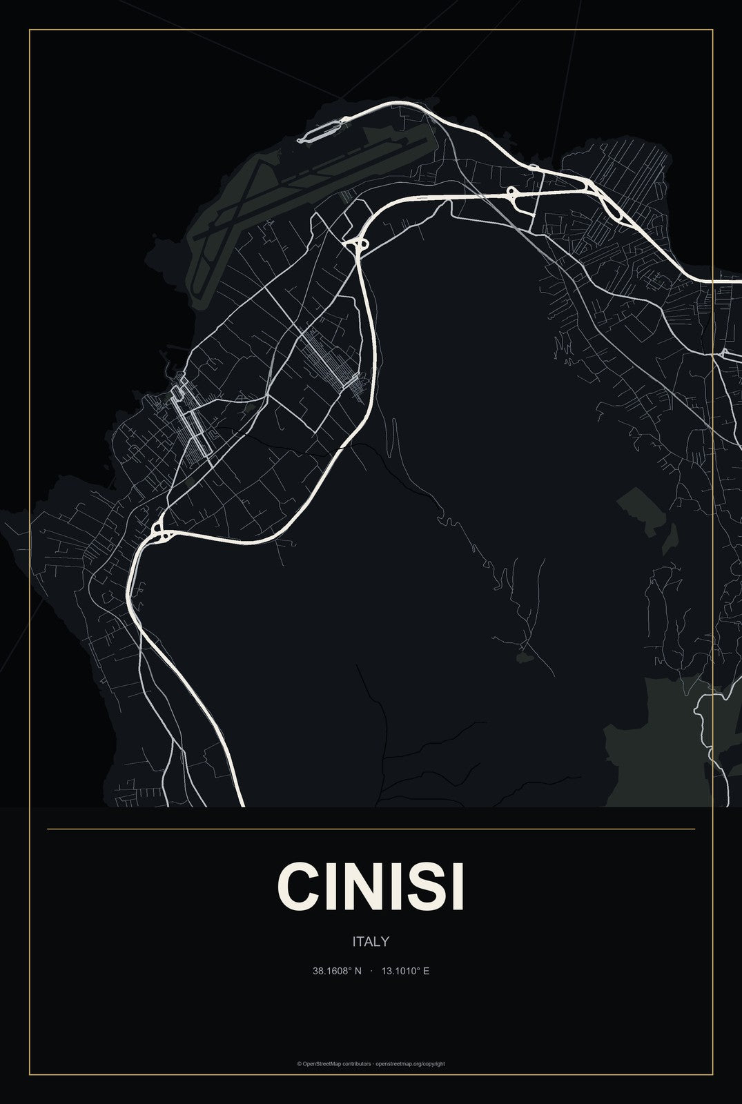 Cinisi, Italy City Map Aluminum Sign in Metropolitan Noir style