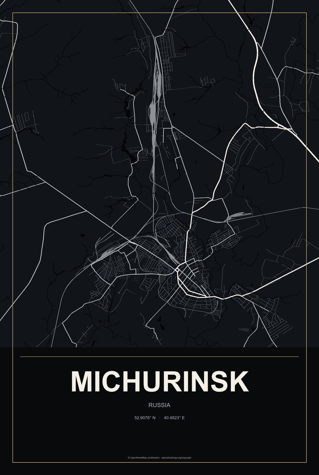 Michurinsk, Russia City Map Aluminum Sign in Metropolitan Noir style