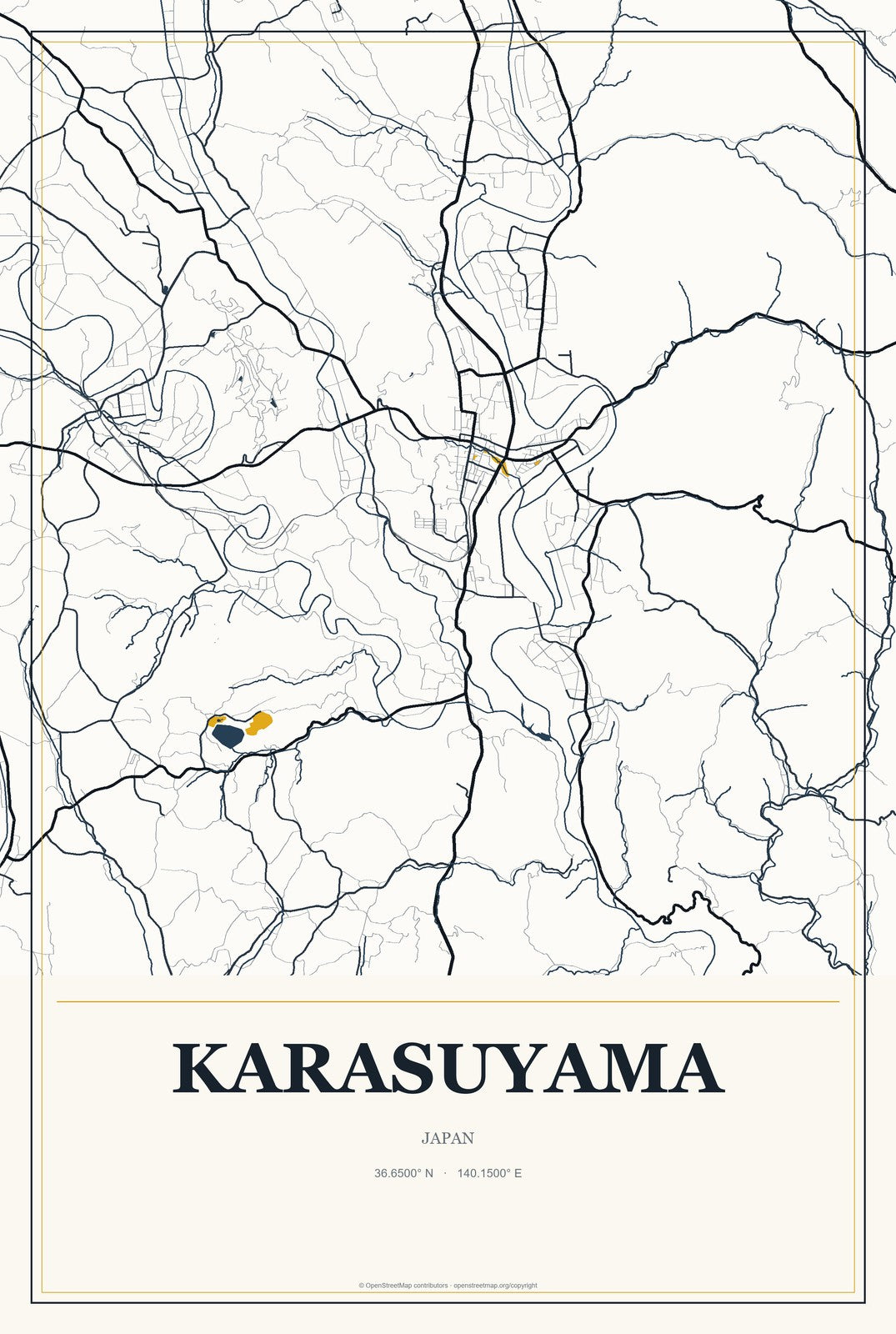 Karasuyama, Japan City Map Aluminum Sign in Citrine Modern style