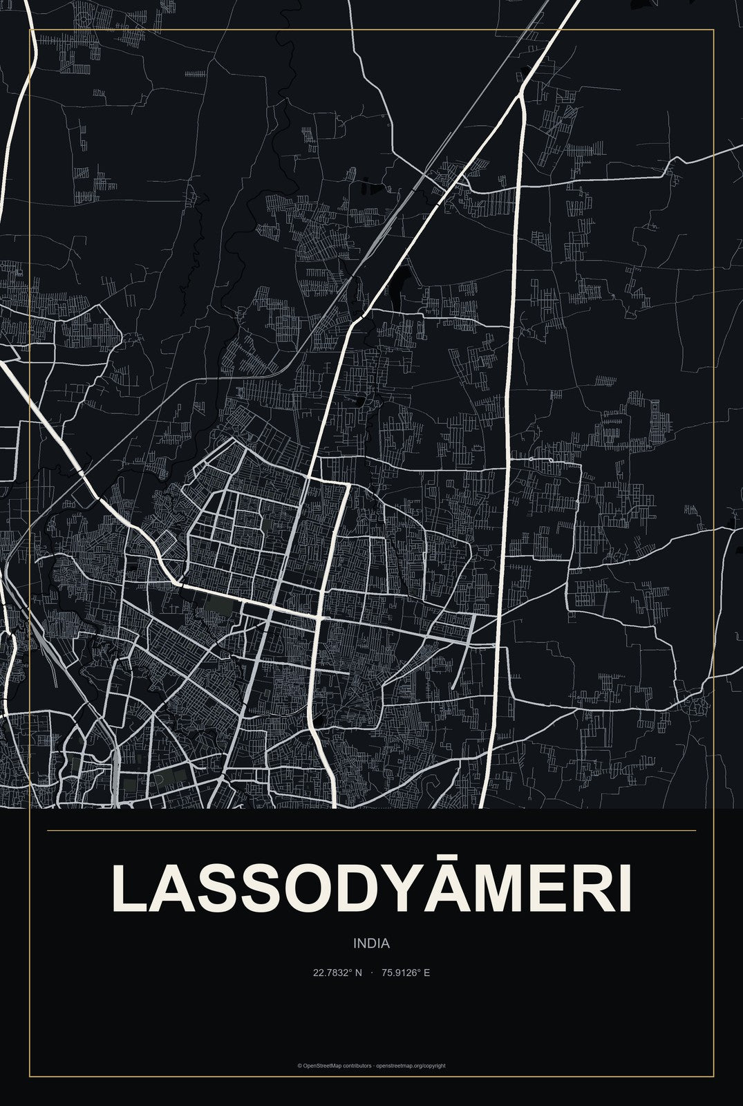 Lassodyāmeri, India City Map Aluminum Sign in Metropolitan Noir style