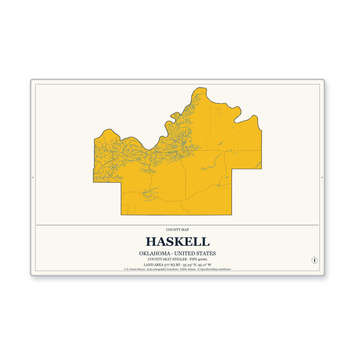 Haskell County, Oklahoma Map Aluminum Sign in Citrine Modern style