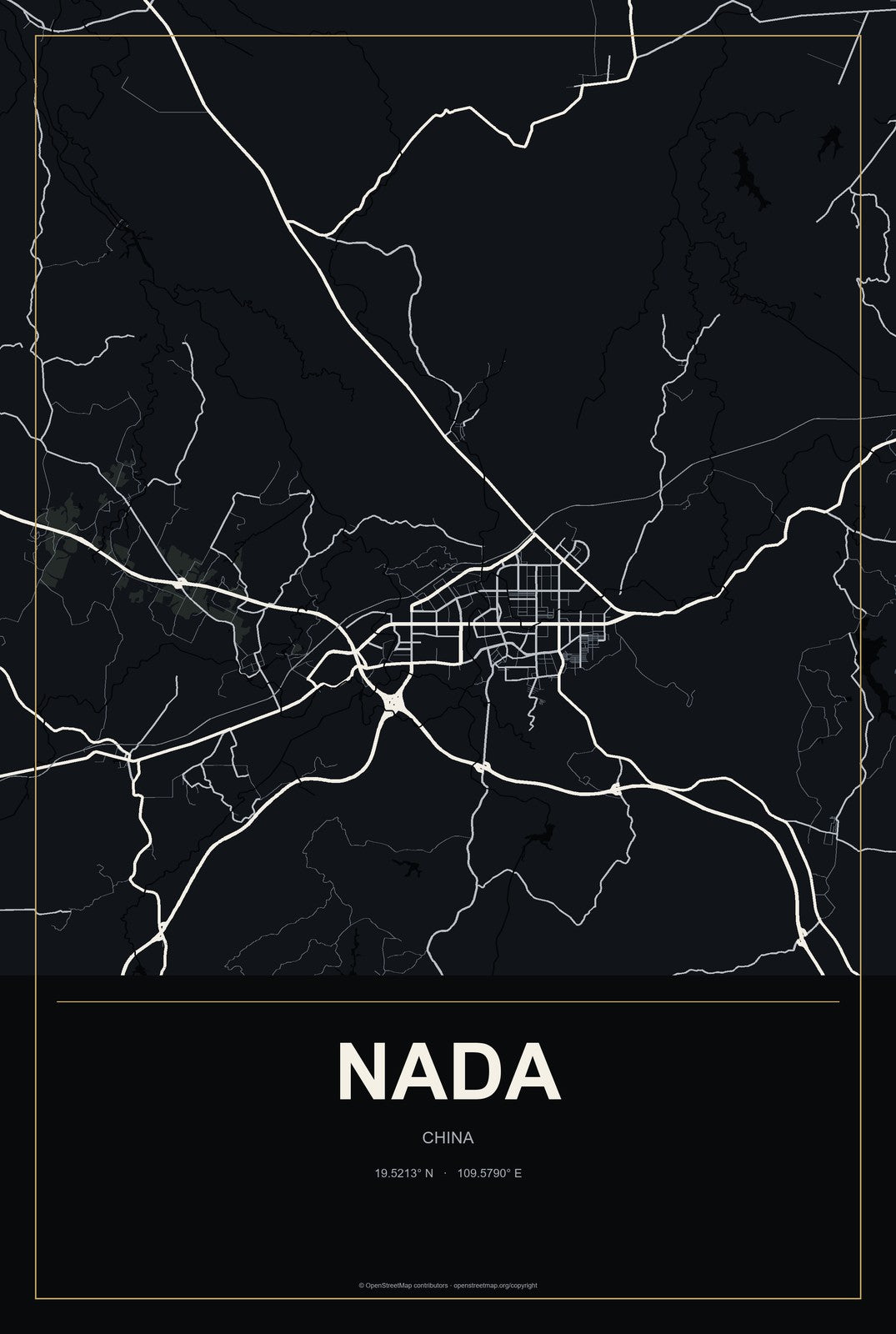 Nada, China City Map Aluminum Sign in Metropolitan Noir style
