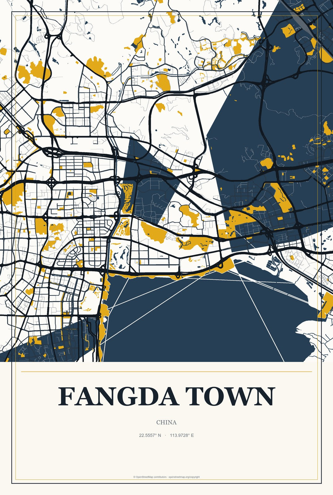 Fangda Town, China City Map Aluminum Sign in Citrine Modern style