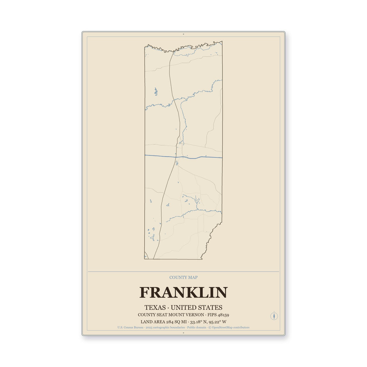 Franklin County, Texas Map Aluminum Sign in Heritage Nautical style