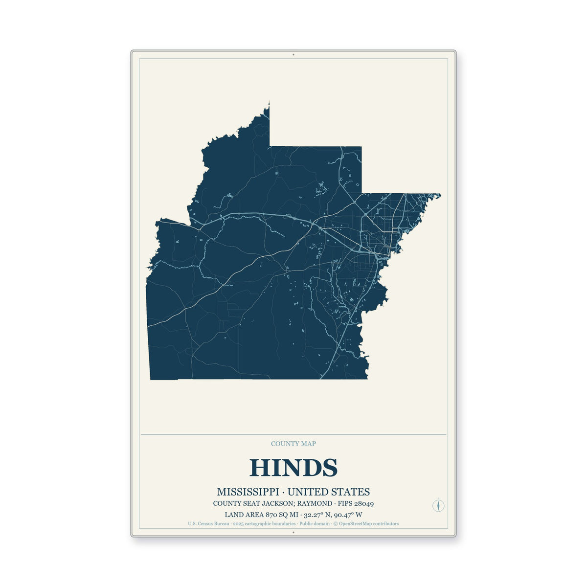 Hinds County, Mississippi Map Aluminum Sign in Coastal Cutout style