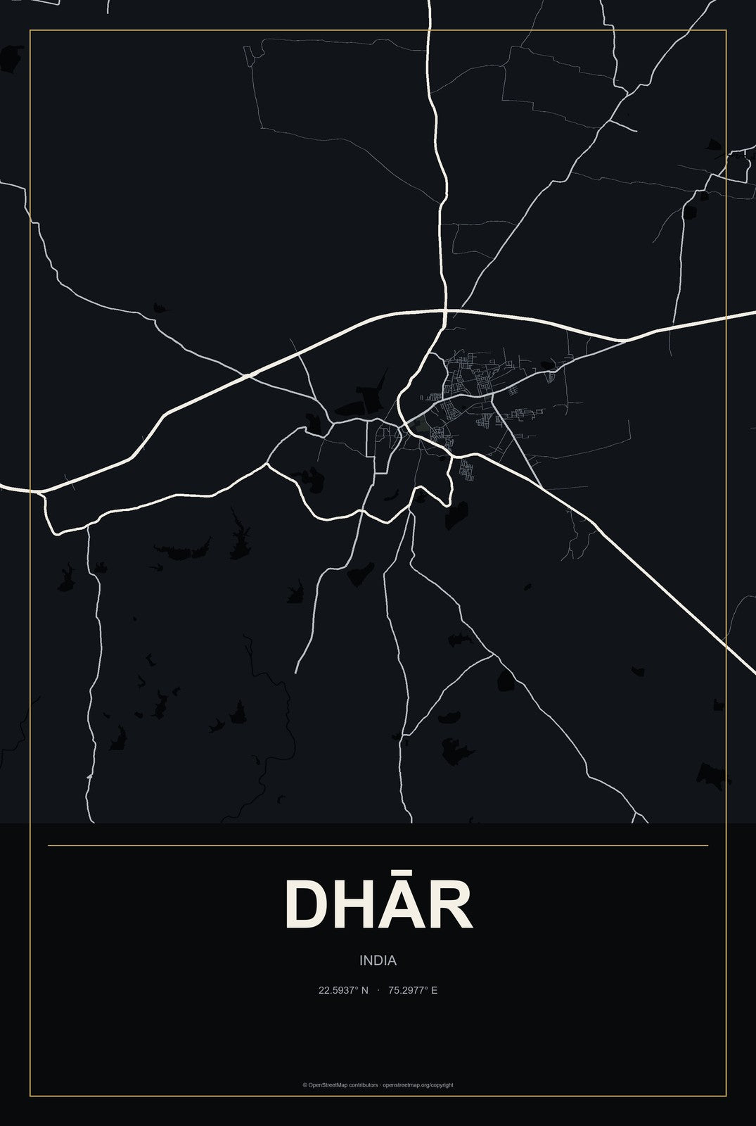 Dhār, India City Map Aluminum Sign in Metropolitan Noir style