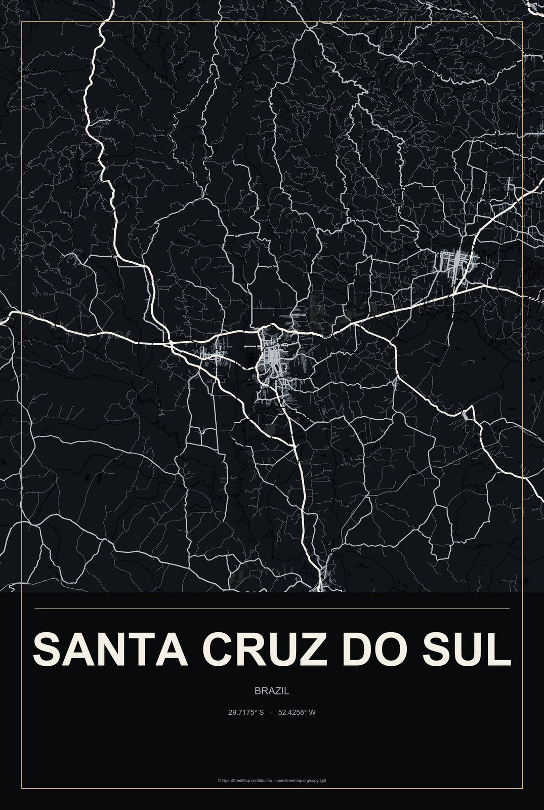 Santa Cruz do Sul, Brazil City Map Aluminum Sign in Metropolitan Noir style