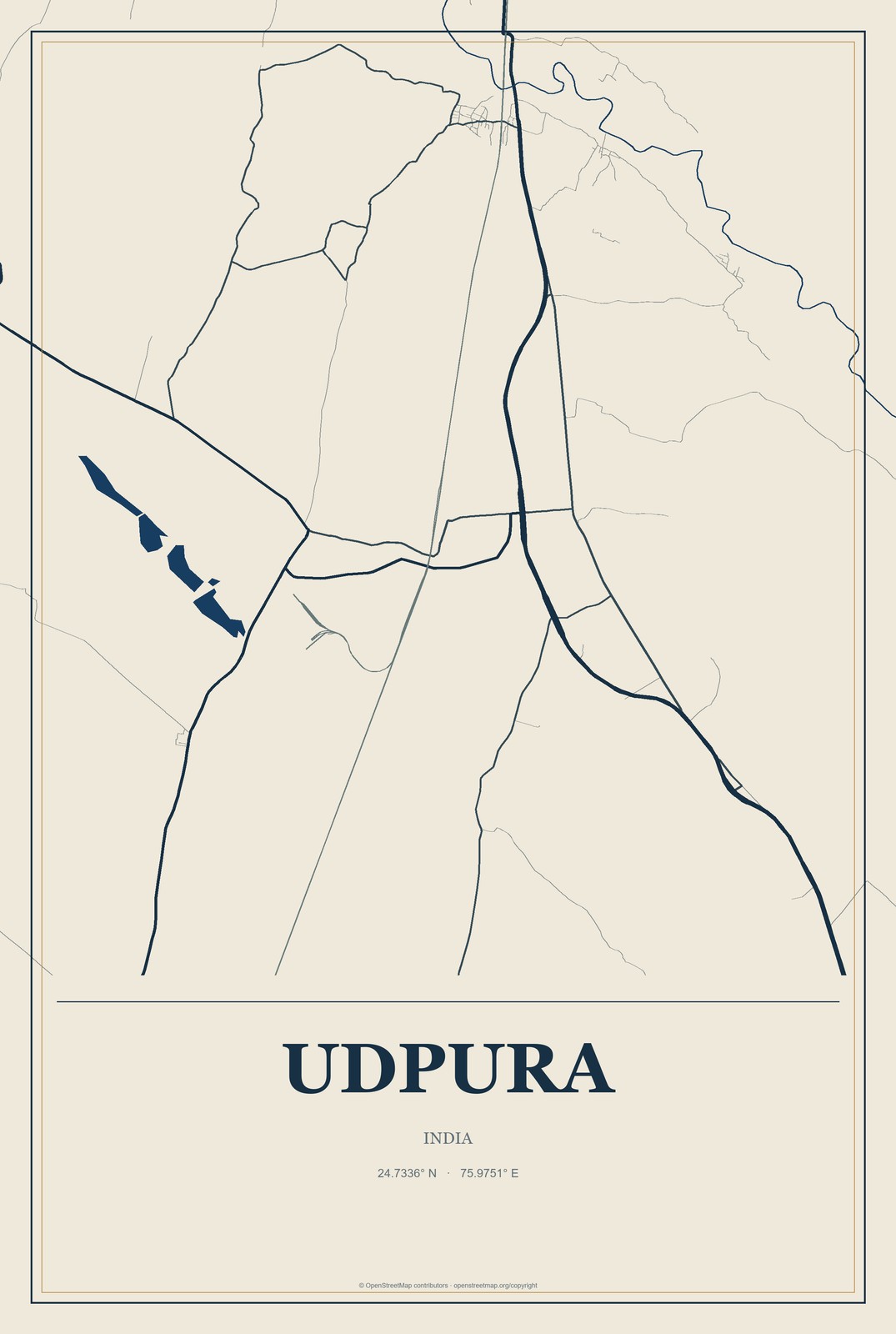 Udpura, India City Map Aluminum Sign in Coastal Cutout style