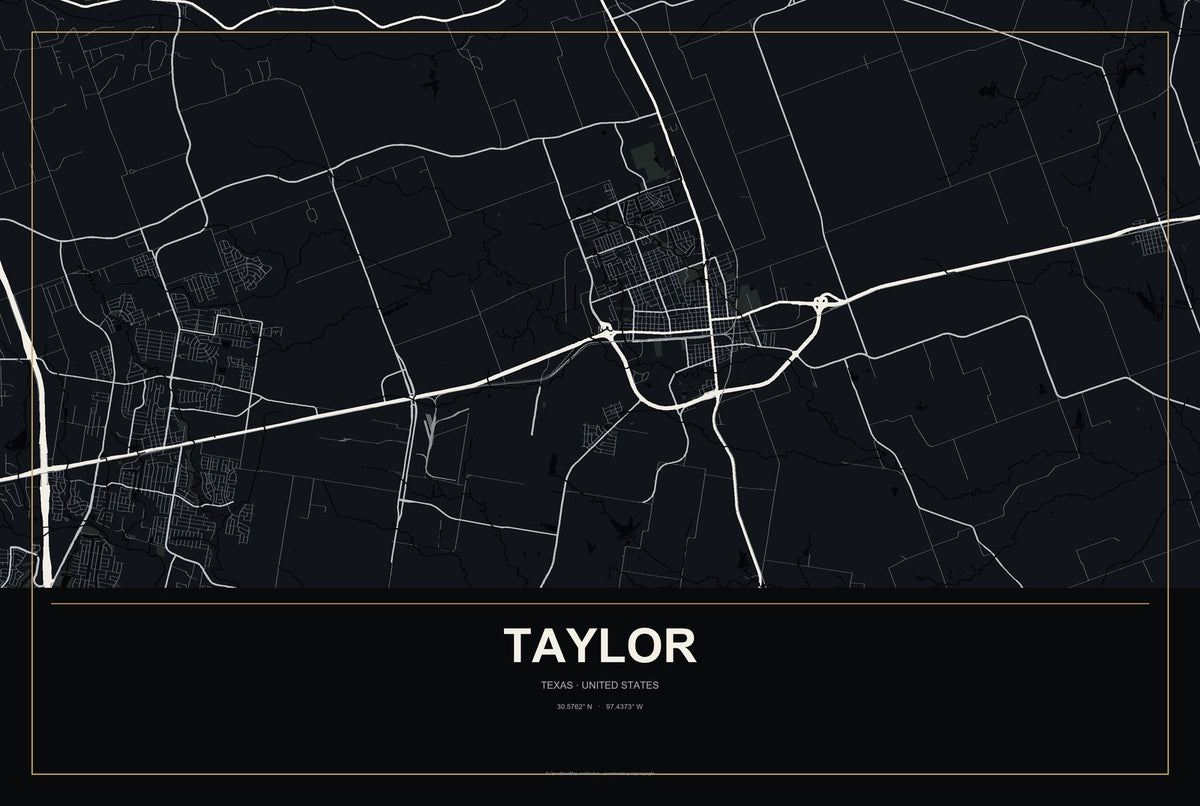 Taylor, Texas City Map Aluminum Sign in Metropolitan Noir style