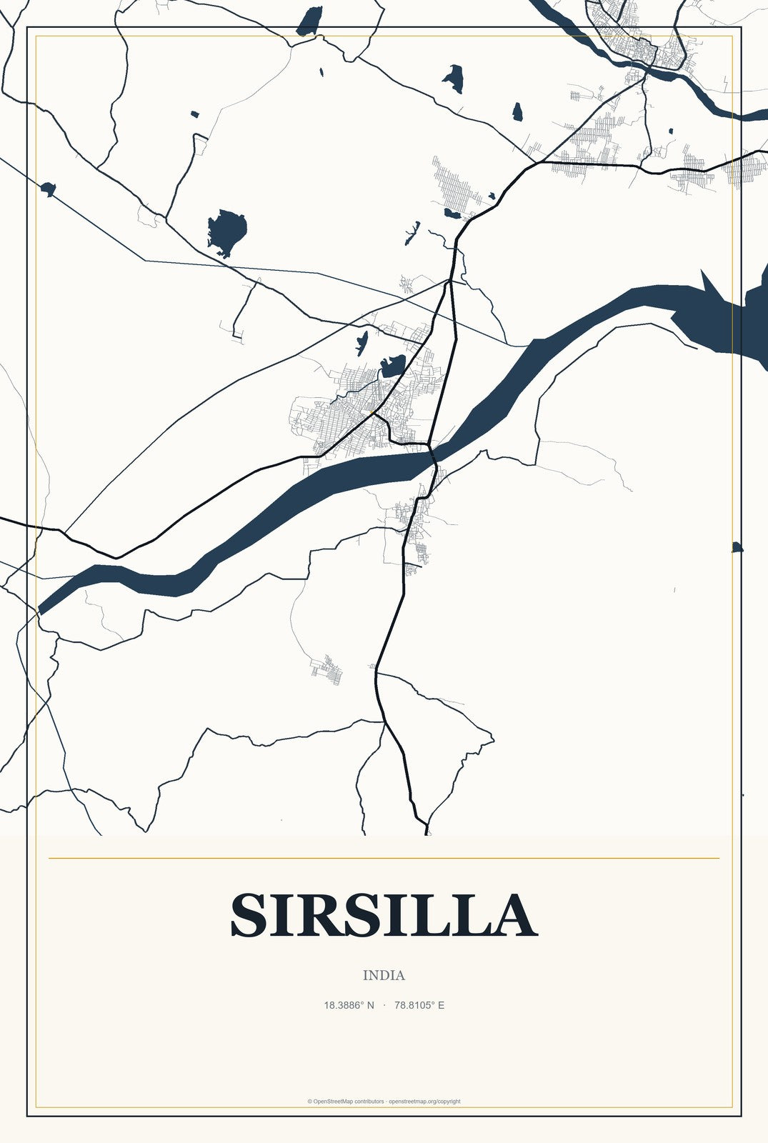 Sirsilla, India City Map Aluminum Sign in Citrine Modern style