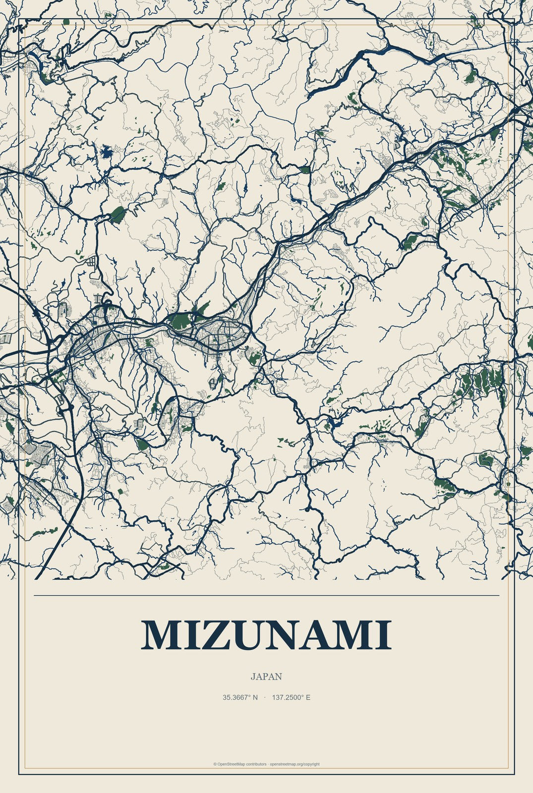 Mizunami, Japan City Map Aluminum Sign in Coastal Cutout style
