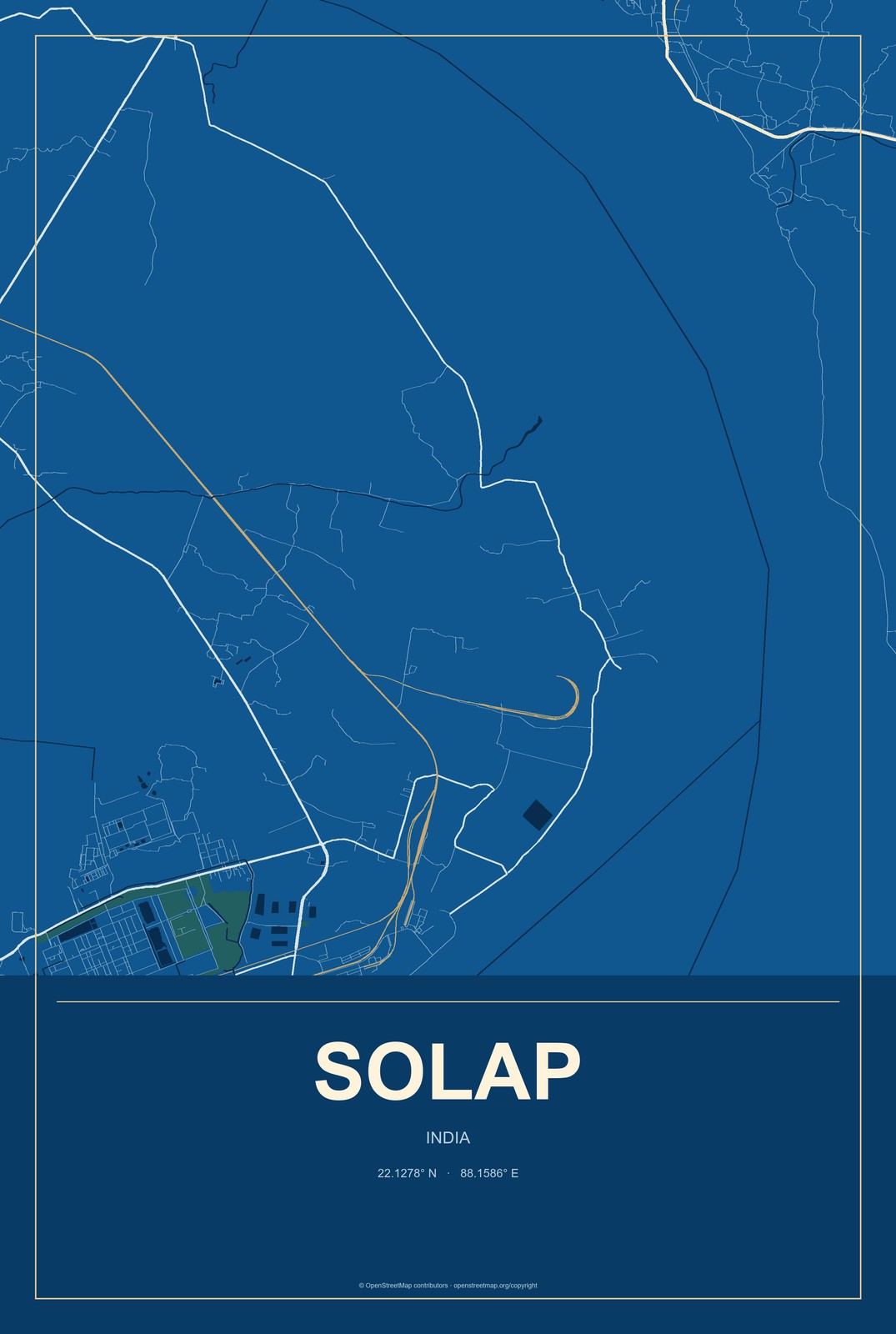 Solap, India City Map Aluminum Sign in Harbor Cobalt style