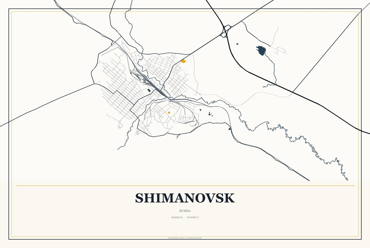Shimanovsk, Russia City Map Aluminum Sign in Citrine Modern style