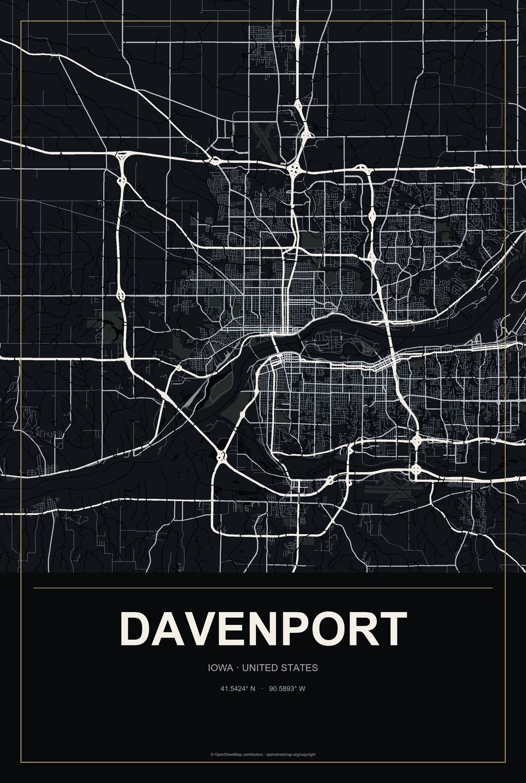 Davenport, Iowa City Map Aluminum Sign in Metropolitan Noir style
