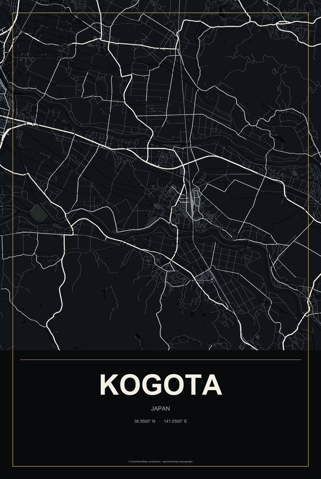 Kogota, Japan City Map Aluminum Sign in Metropolitan Noir style