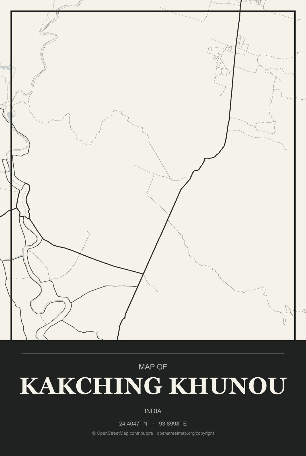 Kakching Khunou, India City Map Aluminum Sign in Museum Plaque style
