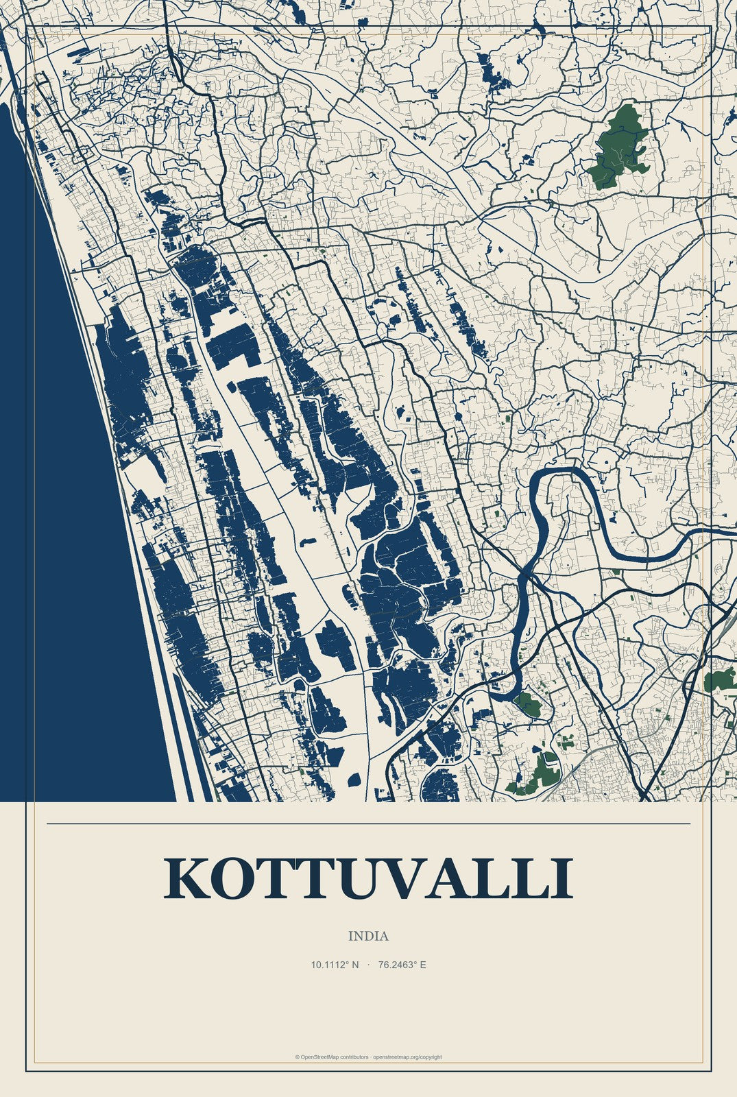 Kottuvalli, India City Map Aluminum Sign in Coastal Cutout style