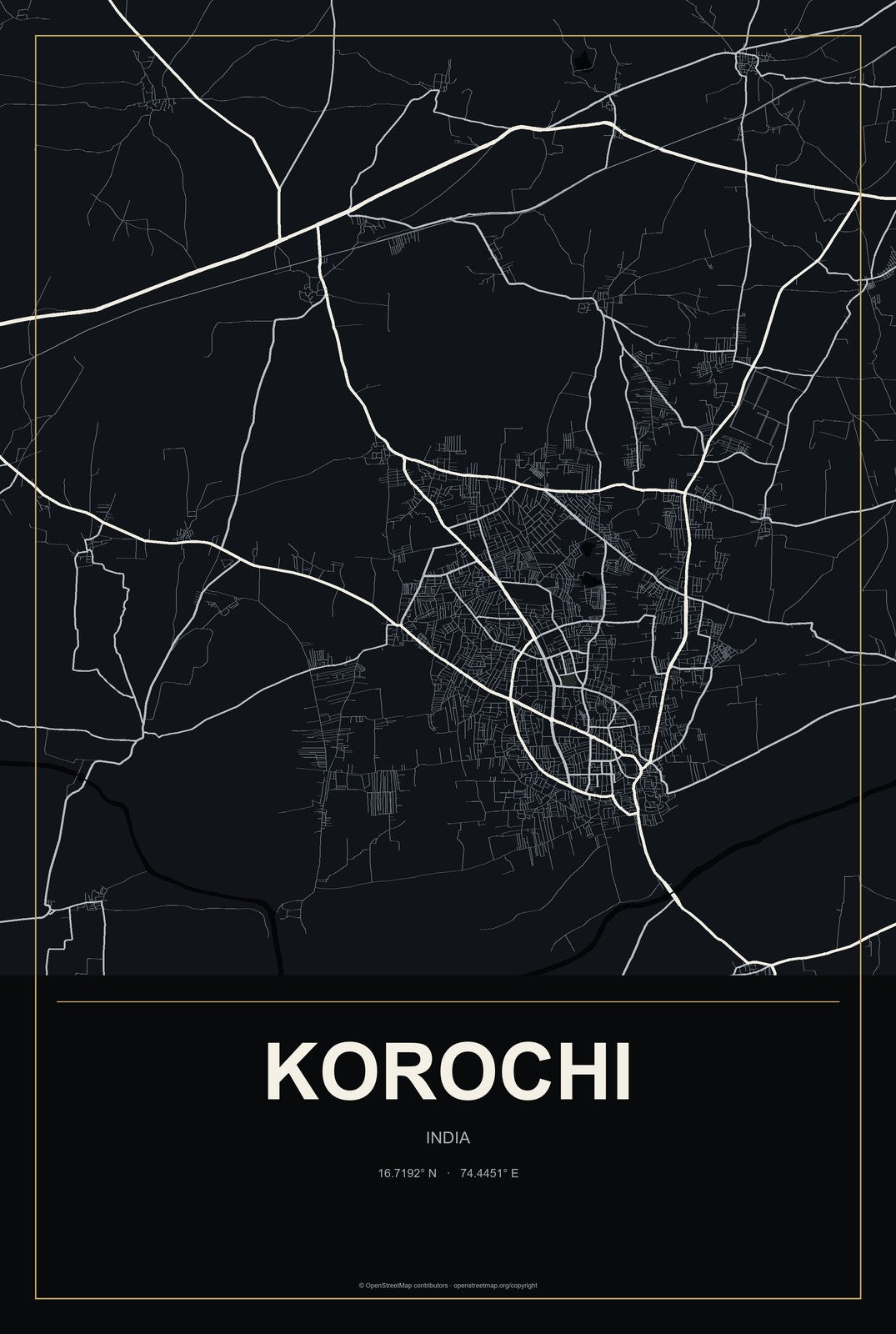 Korochi, India City Map Aluminum Sign in Metropolitan Noir style