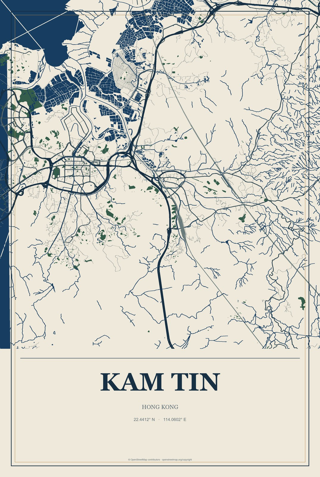 Kam Tin, Hong Kong City Map Aluminum Sign in Coastal Cutout style
