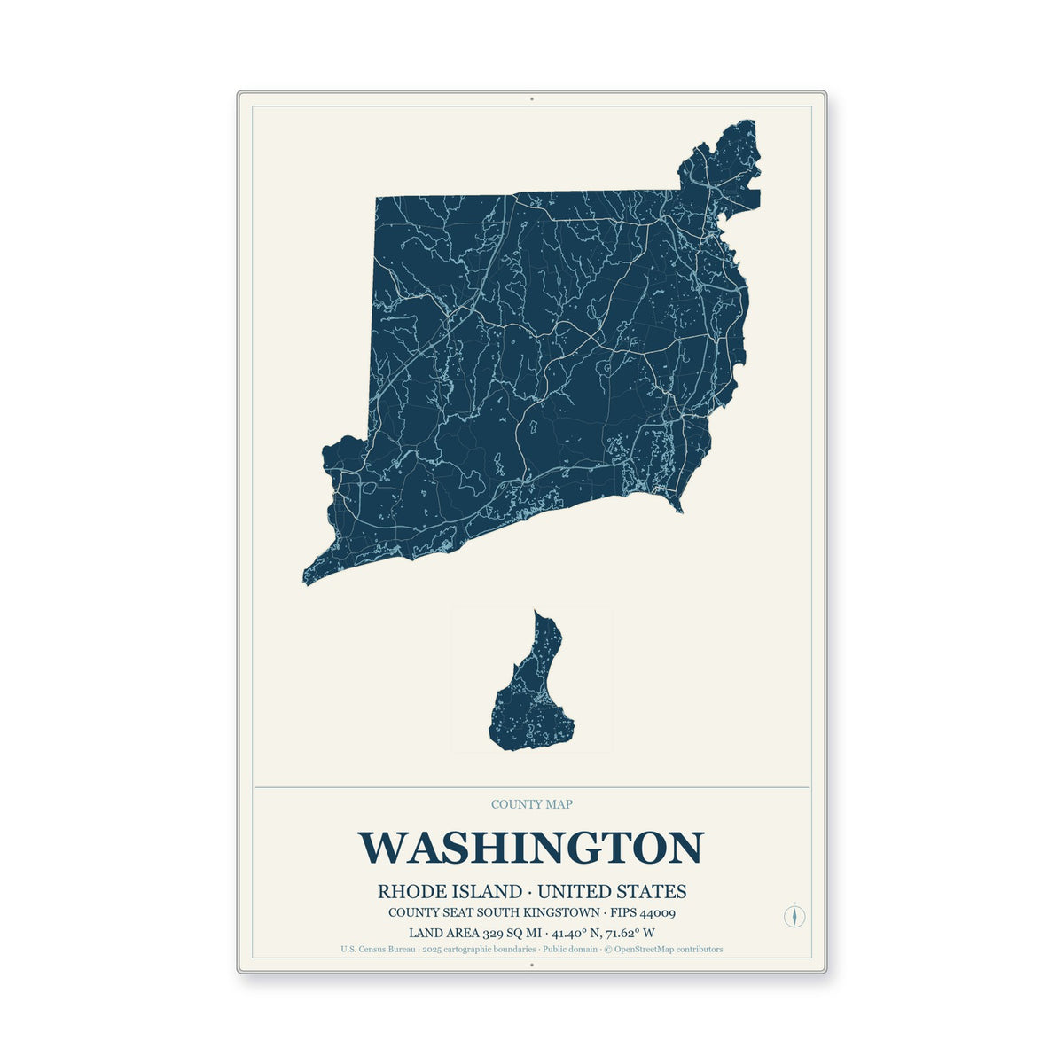 Washington County, Rhode Island Map Aluminum Sign in Coastal Cutout style