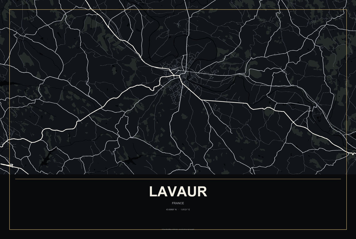 Lavaur, France City Map Aluminum Sign in Metropolitan Noir style