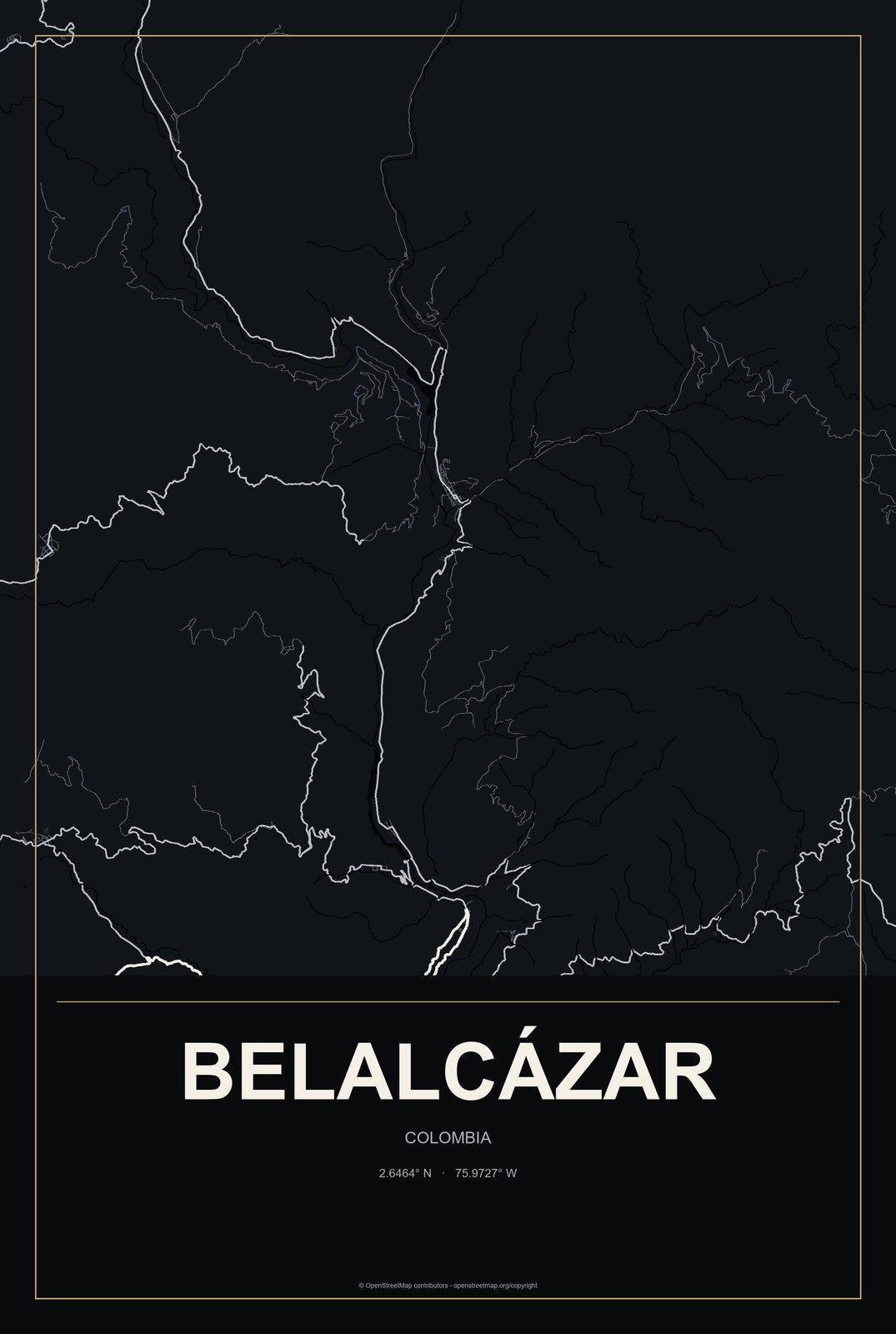 Belalcázar, Colombia City Map Aluminum Sign in Metropolitan Noir style