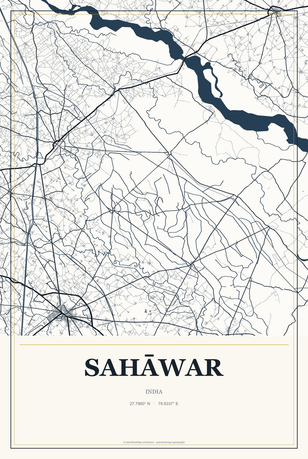 Sahāwar, India City Map Aluminum Sign in Citrine Modern style