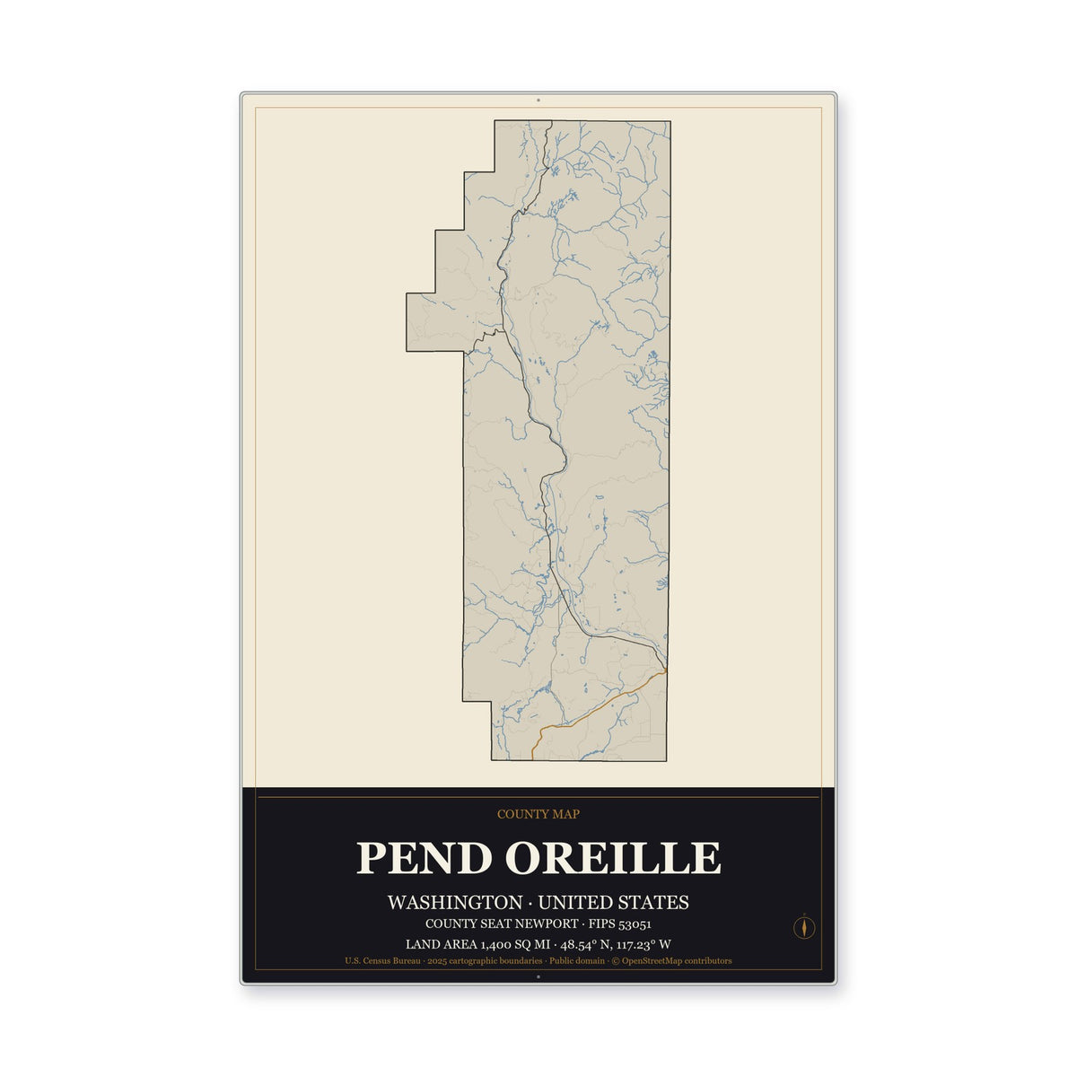 Pend Oreille County, Washington Map Aluminum Sign in Museum Plaque style