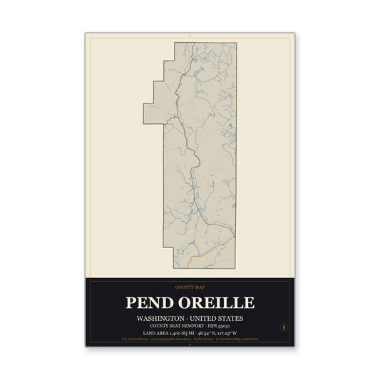 Pend Oreille County, Washington Map Aluminum Sign in Museum Plaque style