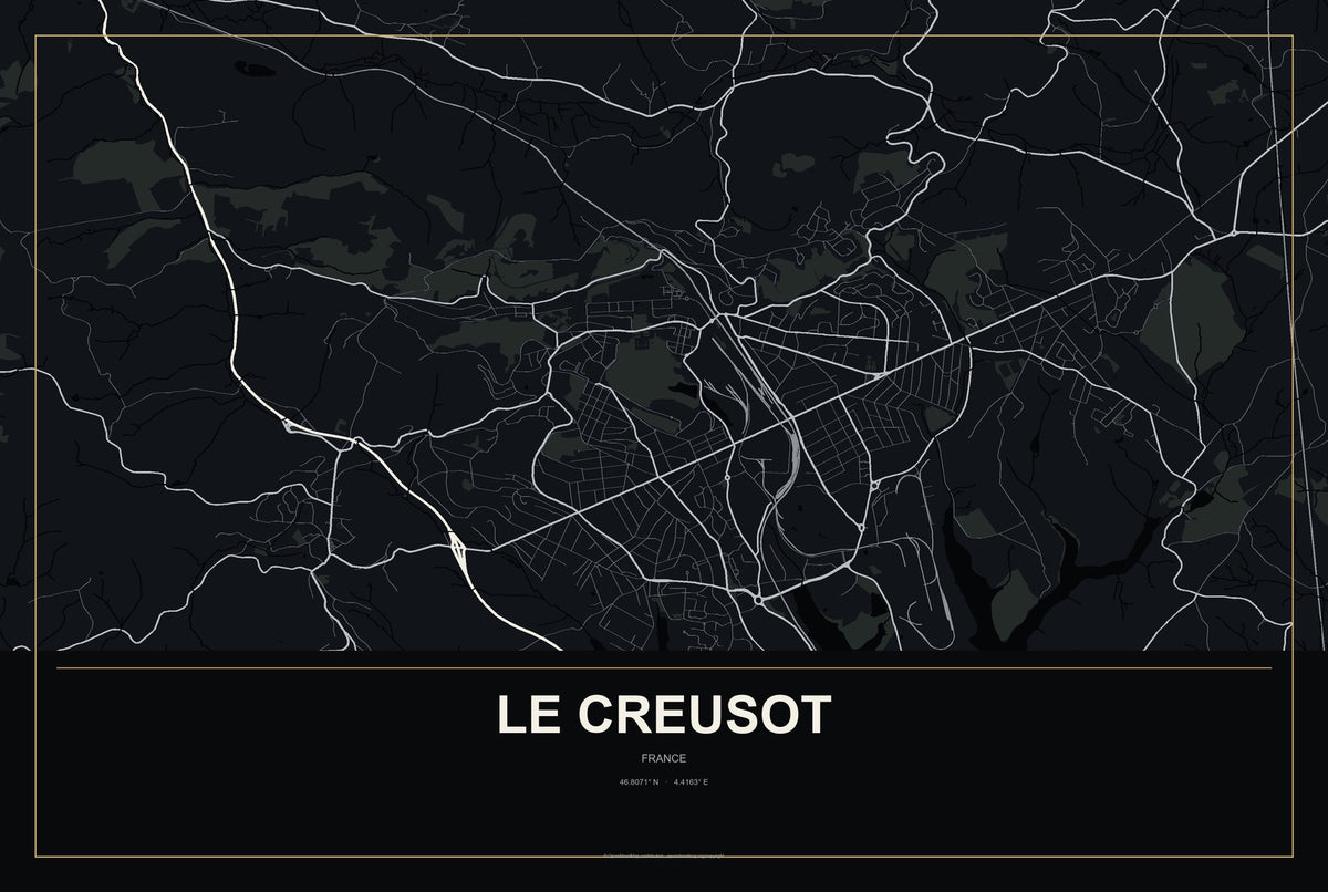 Le Creusot, France City Map Aluminum Sign in Metropolitan Noir style