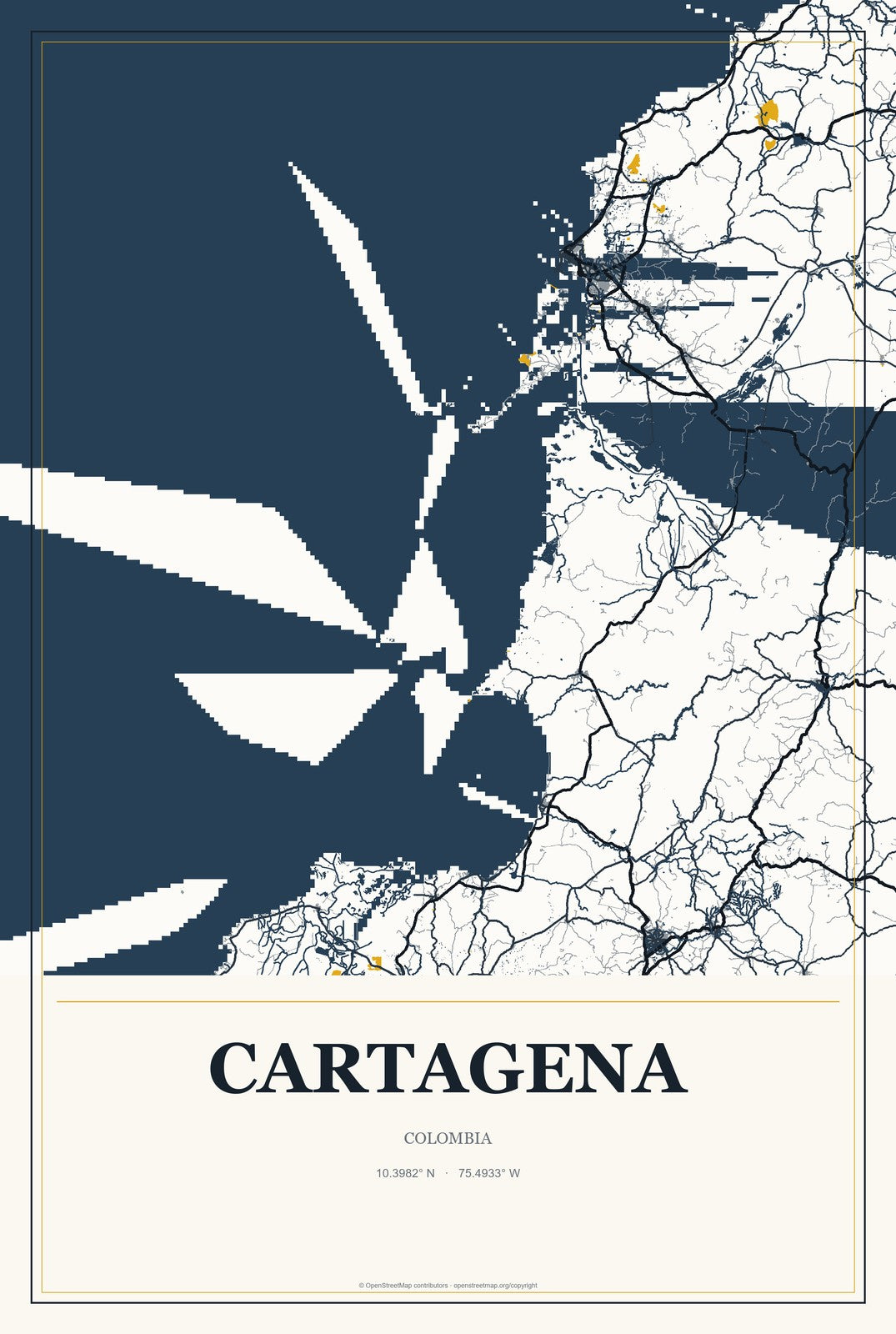 Cartagena, Colombia City Map Aluminum Sign in Citrine Modern style