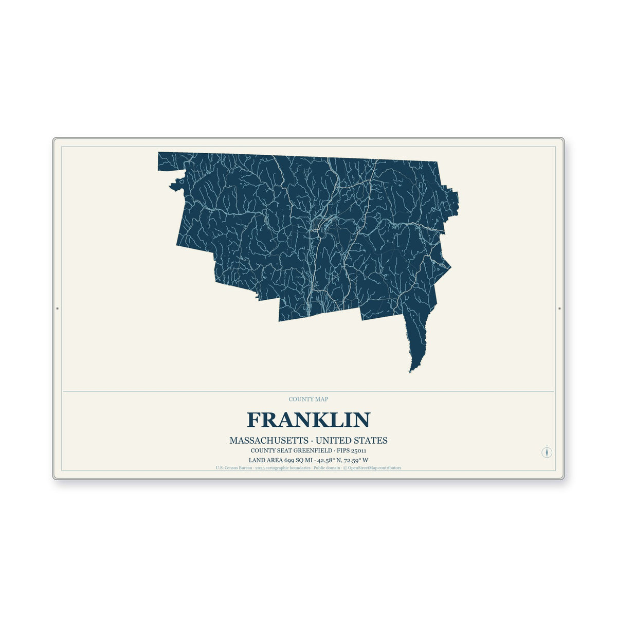 Franklin County, Massachusetts Map Aluminum Sign in Coastal Cutout style