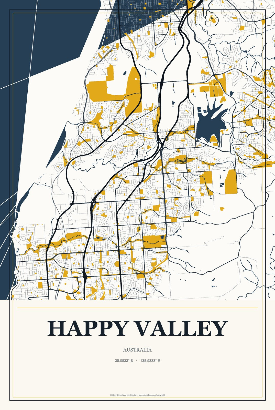 Happy Valley, Australia City Map Aluminum Sign in Citrine Modern style
